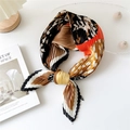 Pleated square scarf with leopard print and geometric color blocks in caramel and orange - Semicircle Leaf Black Border