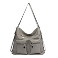 Versatile khaki grey nylon backpack with dual front zipper pockets and silver hardware - Gray