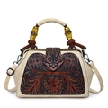 Beige and brown vintage crossbody bag with embossed floral pattern and bamboo handle - Off White
