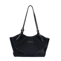 Borsa tote nera con cuciture a contrasto bianche e dettaglio targa in metallo fashion - Nero