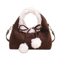 Secchiello in camoscio marrone con bordo in peluche bianco, pompon e tracolla - Marrone