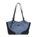 Borsa tote a contrasto in denim blu e pelle nera con sottili tracolle regolabili e logo - Blu