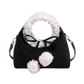Borsa a secchiello nera in velluto con finiture in peluche bianca e pompon morbidi - Nero