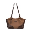 Borsa tote retrò in tela marrone e pelle con cuciture a contrasto e logo - Cachi