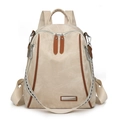 Beige canvas backpack for women with brown leather trim and patterned woven strap - Off White