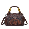 Brown vintage doctor bag with floral embossing and decorative bamboo-style wooden handle - Dark Brown
