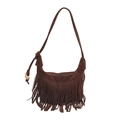 Sac à bandoulière vintage en daim marron avec de longues franges et perles en bois - Marron