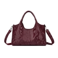 Fashionable burgundy snake-embossed tote bag with round handles and long shoulder strap - Burgundy