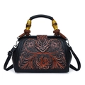 Retro black leather doctor bag with bronze floral embossing and wooden handle detail - Black