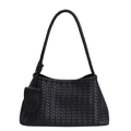 Classic black woven leather shoulder bag with matching mini pouch and knot detail - Black