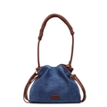 Borsa a secchiello in denim blu con manico intrecciato marrone e dettagli in pelle - Blu Con Manico Marrone