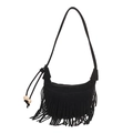 Sac demi-lune en suédine noire avec franges, perles en bois et style bohème chic - Noir