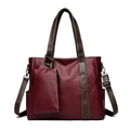 Burgundy faux leather tote bag with dark brown contrast straps and matching coin purse - Burgundy