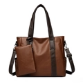 Brown contrast tote bag with matching pouch and adjustable strap on white background - Yellow Brown