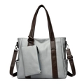 Light gray faux leather tote bag with dark brown straps and matching small pouch - Blue