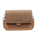 Chic tan crossbody flap bag with textured leather patchwork and fashion lettering - Dark Brown