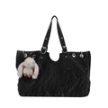 Grand cabas en cuir noir texturé avec boucles argentées et breloque lapin en peluche - Noir Avec Pendentif