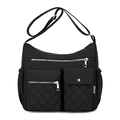 Grande borsa a tracolla in nylon nero con tasche anteriori trapuntate e cerniere argentate - Nero