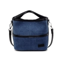 Bolso cubo de mezclilla azul con ribete de cuero negro y correa de hombro ajustable - Azul Denim con Negro
