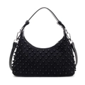 Borsa hobo nera in pelle scamosciata con borchie a perla e ganci in metallo punk - Nero