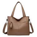 Brown lychee grain leather tote bag with adjustable long shoulder strap and top handles - Khaki
