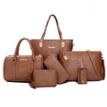 Braunes 6-teiliges Handtaschen-Set mit Krokodilmuster und goldenen Details auf Weiß - 6-Teiliges Set / Braun