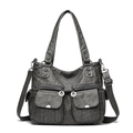 Retro charcoal grey soft faux leather motorcycle tote bag with multiple pockets and strap - Gray