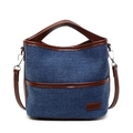 Bolso bucket de denim minimalista con ribete de cuero marrón y correa de hombro ajustable - Azul Denim con Marrón