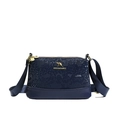 Dark blue Boston bag with snake texture embossing and golden hardware on white background - Blue
