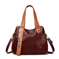 Sac fourre-tout rayé élégant en cuir marron-rouge avec poignées orange et design plissé - Bordeaux