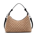 Beige quilted shoulder bag with pearl embellishments and black top handle details - Light Khaki