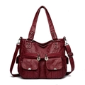 Vintage soft faux leather tote bag in deep burgundy with decorative double zippers - Red