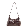 Dark brown high-gloss oil wax leather shoulder bag with circular metal zipper pendant - Brown