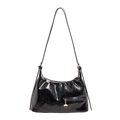 Classic black glossy hobo bag with pleated leather texture and metal zipper detail - Black