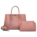 Dusty rose litchi leather tote bag set with wide shoulder strap and matching pouch - Tote Bag And Pouch Set / Pink