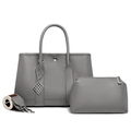 Grey pebbled leather tote set with matching pouch and contrast wide canvas strap - Tote Bag And Pouch Set / Gray