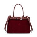 Retro burgundy suede and leather tote bag with silver buckle and structured top handles - Burgundy