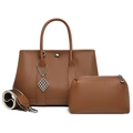 Three-piece brown litchi pattern leather tote bag set with matching pouch and silver chain - Tote Bag And Pouch Set / Brown