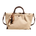 Canvas handbag in cream and brown leather trim with decorative vintage beaded tassel - With Pendant / Off White