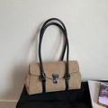 Retro khaki suede tote bag with black leather handles and metal clasp for chic commuting - Khaki