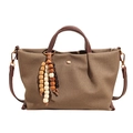 Brown canvas handbag with brown leather handles and wooden bead charm accessory - With Pendant / Khaki