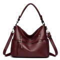 Deep red lychee grain leather hobo bag with dual zipper pockets and top handle strap - Red