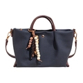 Navy blue canvas tote bag with brown PU leather handles and ethnic wooden bead charm - With Pendant / Blue