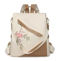 Chic beige and brown anti-theft women's backpack with floral embroidery and gold hardware - Off White