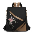 Elegant large capacity black nylon backpack with floral embroidery and leather trim - Black