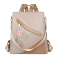 Women's beige and brown travel backpack with elegant floral embroidery detail - Light Khaki