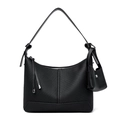 Minimalist black baguette bag with textured stripe embossing and wide shoulder strap - Black