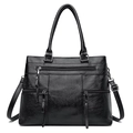 Classic black leather tote bag with multi-zipper pockets and adjustable strap - Black