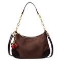 Borsa a mezzaluna in camoscio marrone retrò con finiture in pelle e ciondolo a ciliegia - Caffè Con Pendente
