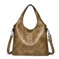 Minimalist brown faux leather hobo bag with dual handles and adjustable shoulder strap - Khaki